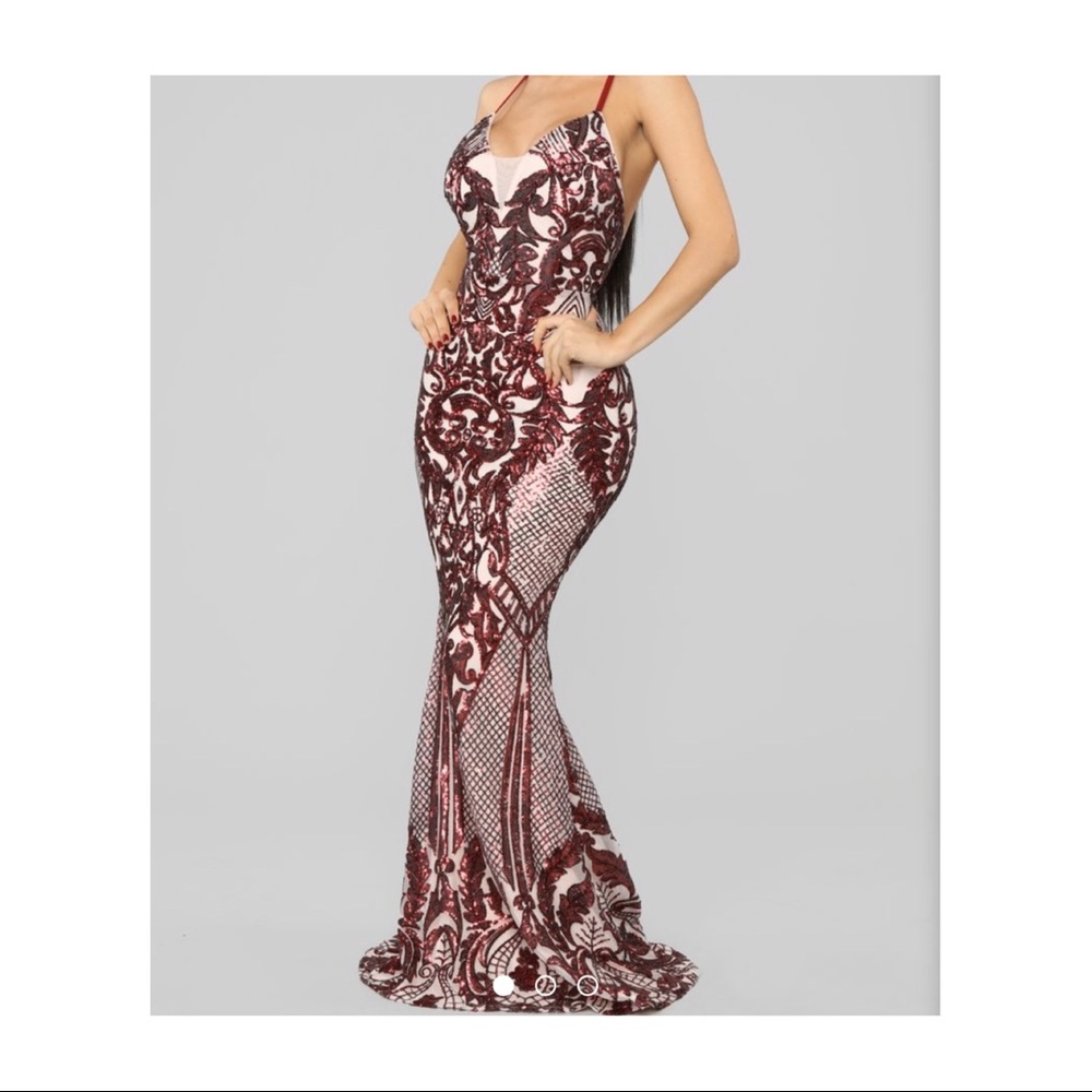 Burgundy/beige sequin maxi dress / gown